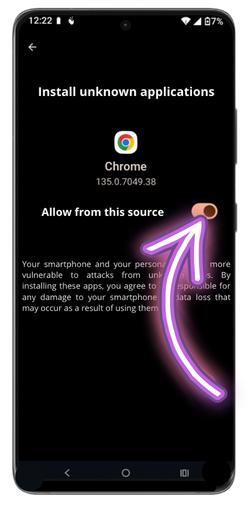Enabling unknown sources permission in Android settings for Rainbet app install