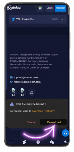 Downloading Rainbet APK file from the official website on Android phone