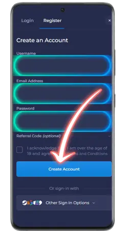 Rainbet casino registration fields with email and password entry