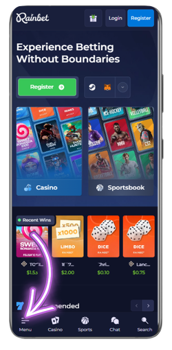 Rainbet casino home page loaded on mobile device after installation