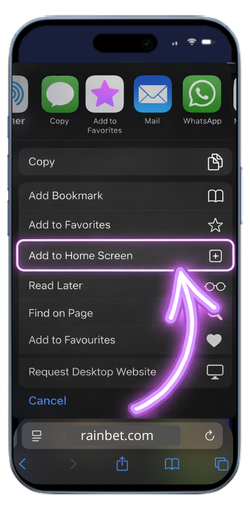 Safari share menu with Add to Home Screen option for Rainbet