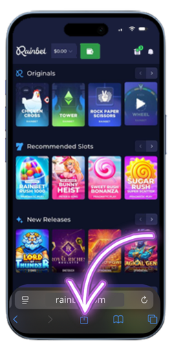 Rainbet official site loaded in Safari browser on iPhone
