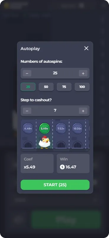 Chicken Road autoplay settings panel with cashout step and autospin count options
