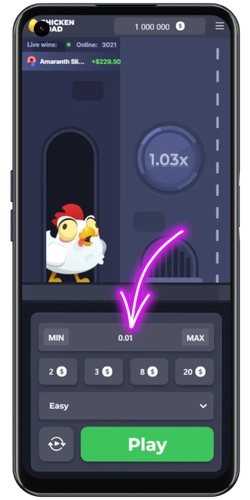 Bet amount input field on a crash game interface Сhicken Road