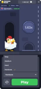 Chicken Road difficulty selection menu showing Easy, Medium, Hard and Hardcore modes