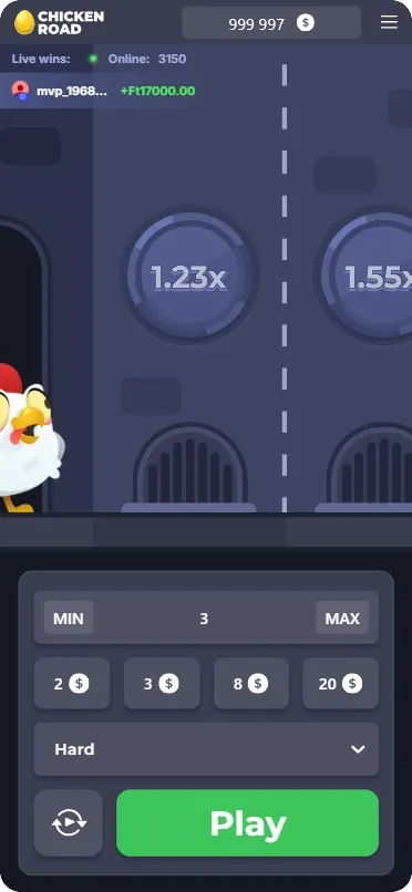 Chicken Road main game screen with multiplier display and Hard difficulty selected