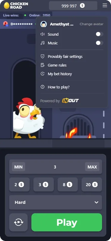 Chicken Road settings menu showing provably fair options and bet history