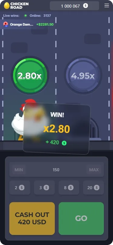 Chicken Road win screen showing x2.80 multiplier payout during a live round